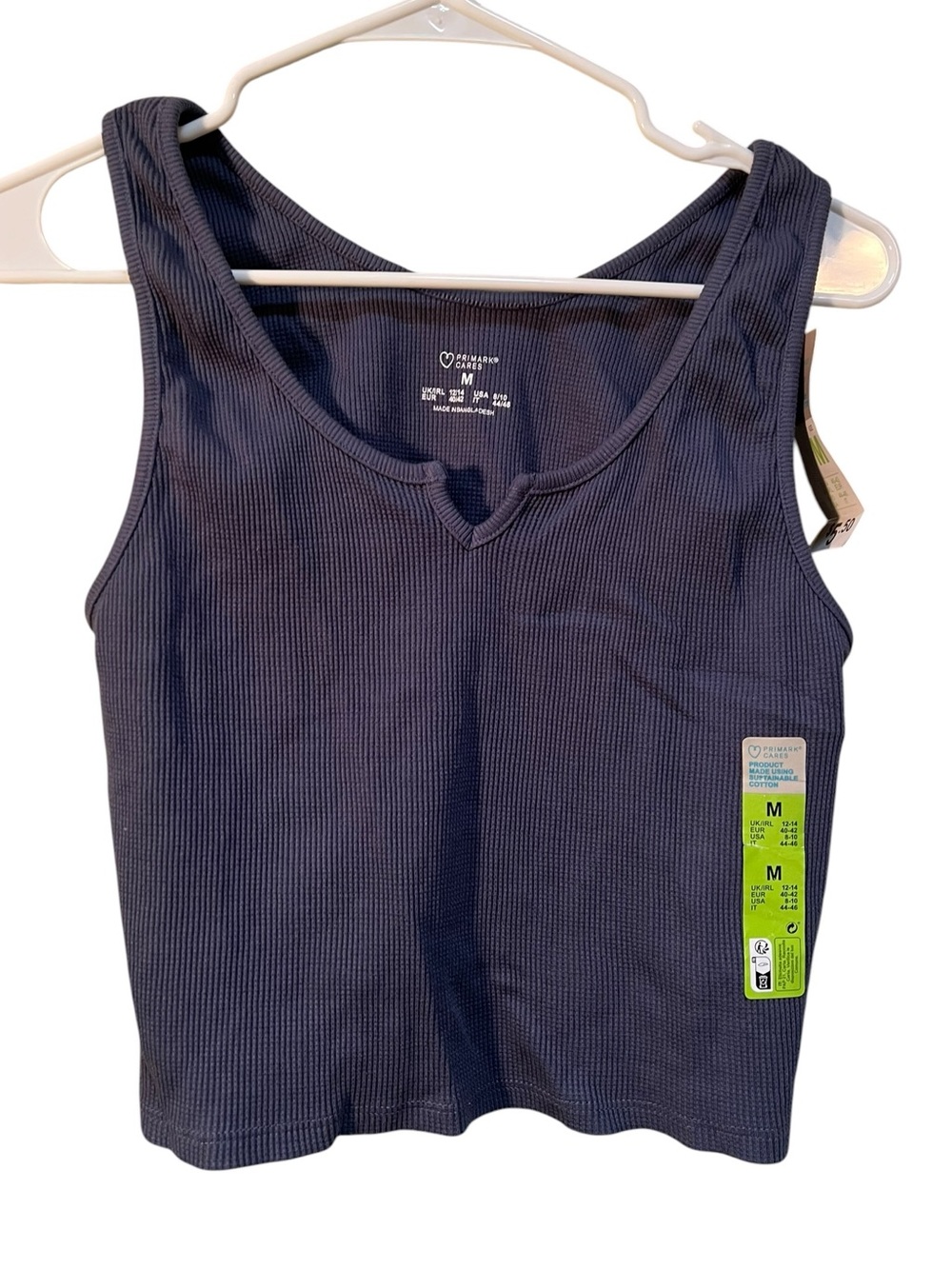 Primark Womens Size Medium Tank Top Waffle Knit Notch Neck Dark Blue Gray Cotton